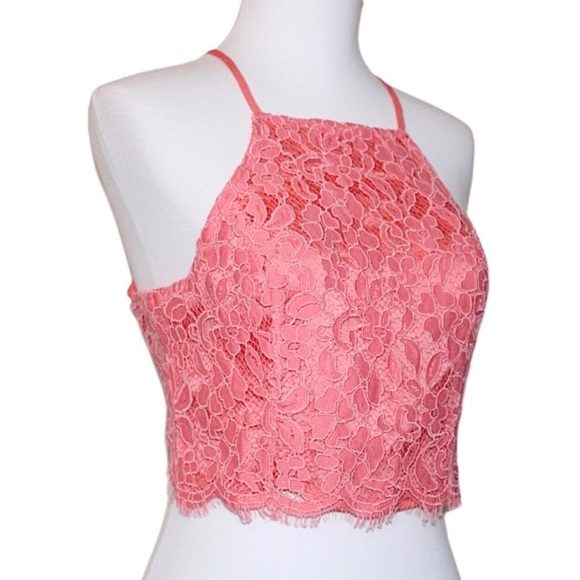NBD Pink Floral Scallop Lace Fringe Cross-Back Halter Crop Top XSmall - Picture 3 of 16